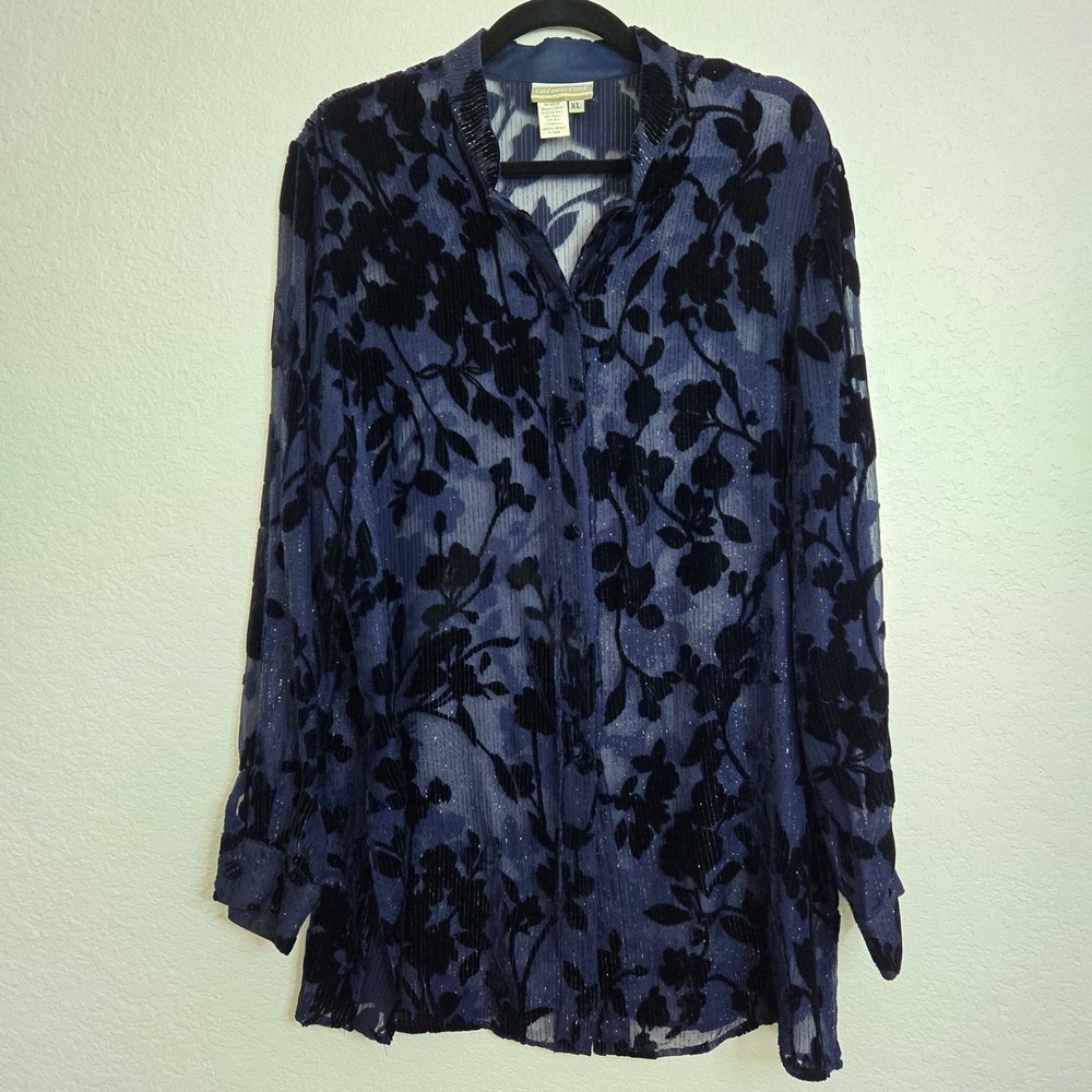 Coldwater Creek Floral Velvet Burnout Sheer Sparkle Blouse Top XL